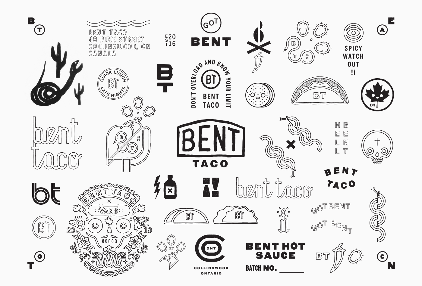 bent-taco-bt-identity-visual-vacaliebres-system-branding-logo-tacos-restaurant-mexican-logos-canada-toronto